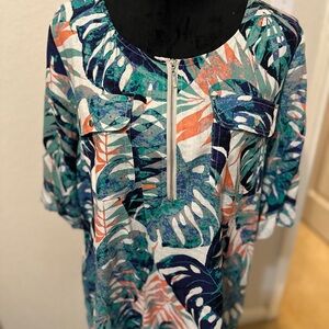 Dana Buchman Blouse Shirt Tunic Top‎ Linen Zip Up 3/4 Sleeve Green Large. New.